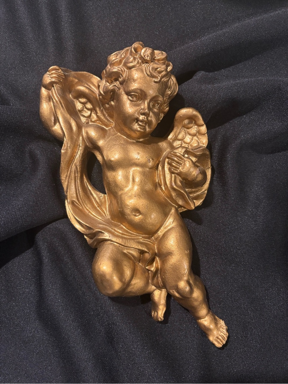 Vintage Gold Cast Resin Putti Cherub Angel Wall Mount 9”